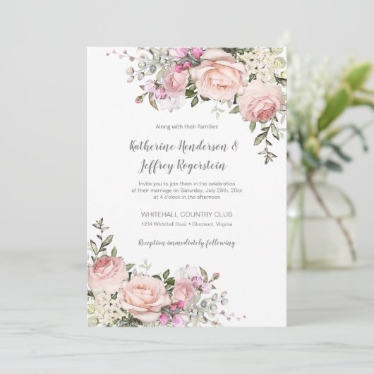 Floral Wedding Invitat Blush Pink Green Waterverf Kaart (Staand voorkant)