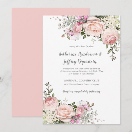 Floral Wedding Invitat Blush Pink Green Waterverf Kaart (Voorkant / Achterkant)