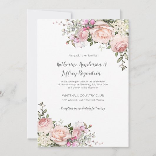 Floral Wedding Invitat Blush Pink Green Waterverf Kaart (Voorkant)
