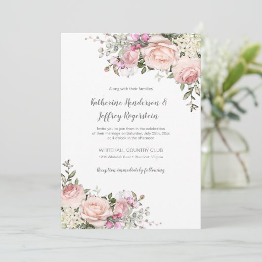 Floral Wedding Invitat Blush Pink Green Waterverf Kaart (Staand voorkant)