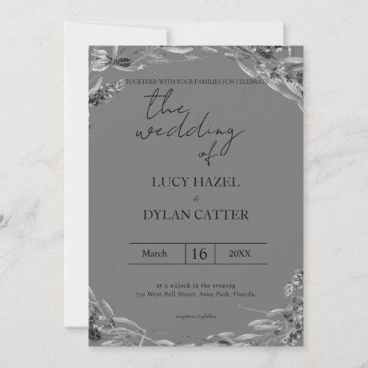 Floral Wedding Invitati voor zwarte en witte Water Kaart (Voorkant)