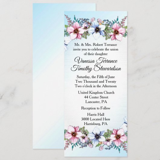 Floral Wedding Invitation Blue Kaart (Voorkant / Achterkant)