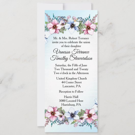 Floral Wedding Invitation Blue Kaart (Voorkant)