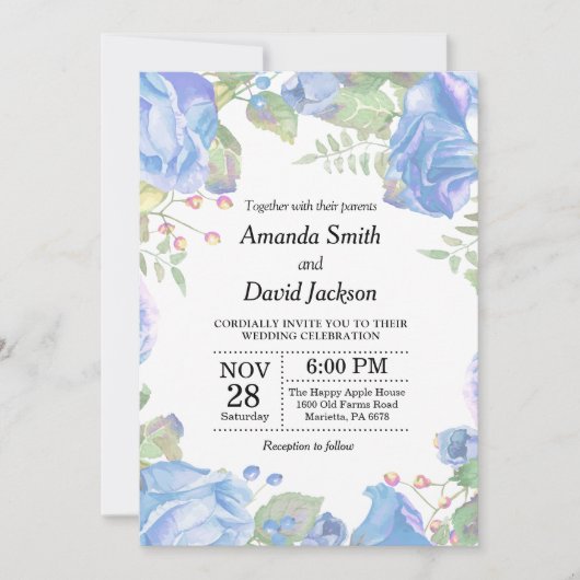 Floral Wedding Invitation Blue Waterverf Floral Kaart (Voorkant)