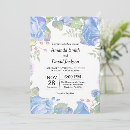 Floral Wedding Invitation Blue Waterverf Floral Kaart (Staand voorkant)
