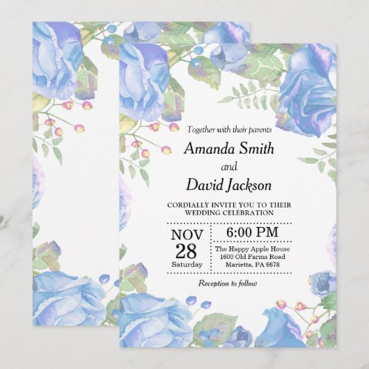 Floral Wedding Invitation Blue Waterverf Floral Kaart (Voorkant / Achterkant)