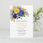 Floral Wedding Invitation Blue Yellow Waterverf (Staand voorkant)