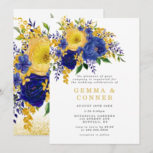 Floral Wedding Invitation Blue Yellow Waterverf (Voorkant / Achterkant)