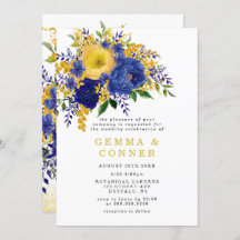 Floral Wedding Invitation Blue Yellow Waterverf