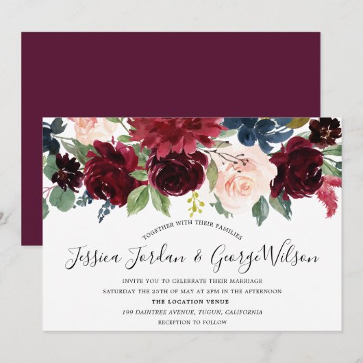 Floral Wedding Invitation Burgundy Boho Waterverf Kaart (Voorkant / Achterkant)