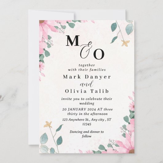 Floral Wedding Invitation Custom Roos Design Kaart (Voorkant)