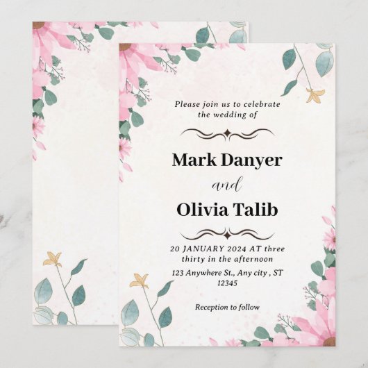 Floral Wedding Invitation Custom Roos Design Kaart (Voorkant / Achterkant)