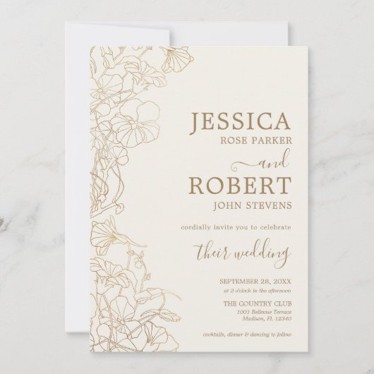Floral Wedding Invitation - Gold Ivory Black Kaart (Voorkant)