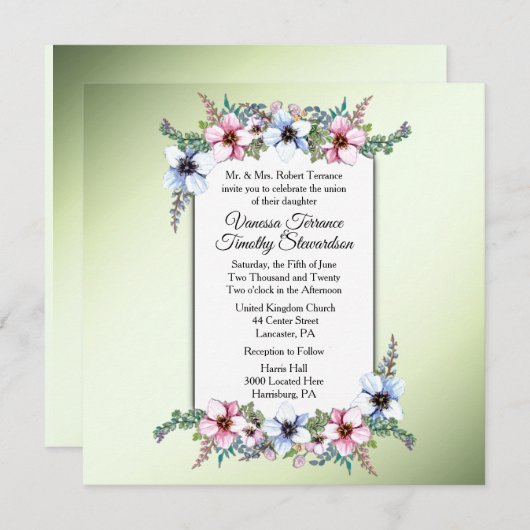 Floral Wedding Invitation Green Kaart (Voorkant / Achterkant)