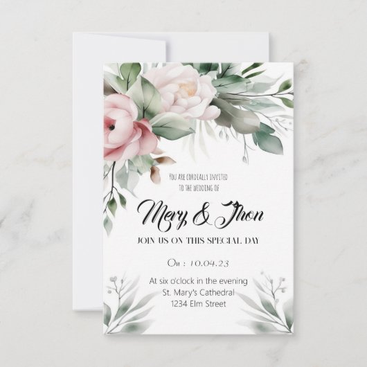 Floral Wedding Invitation Green Tones Kaart (Voorkant)