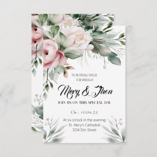 Floral Wedding Invitation Green Tones Kaart (Voorkant / Achterkant)