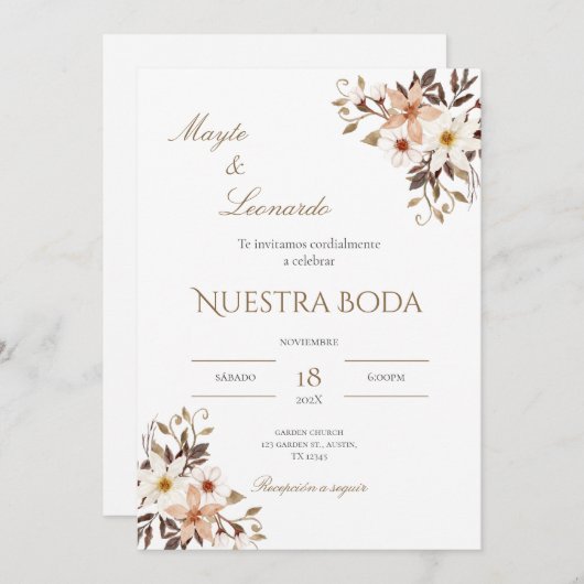 Floral wedding invitation in Spanish Kaart (Voorkant / Achterkant)