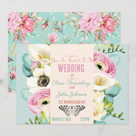 Floral Wedding Invitation Kaart (Voorkant / Achterkant)
