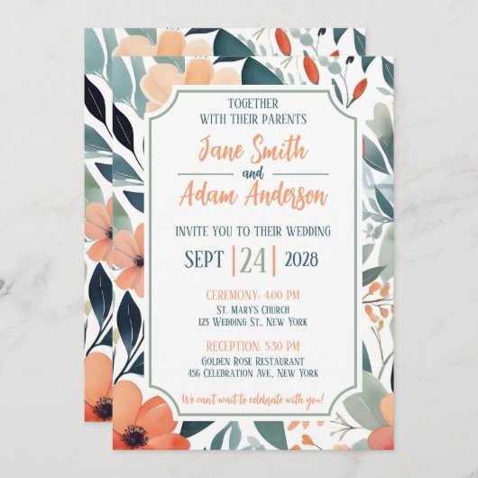 Floral Wedding Invitation Kaart (Voorkant / Achterkant)