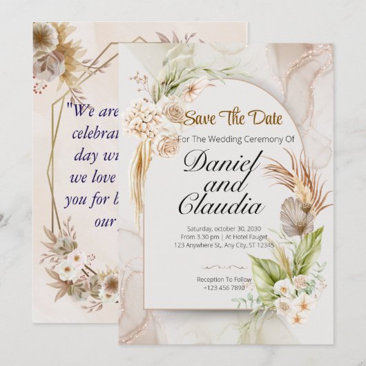 Floral Wedding Invitation Kaart (Voorkant / Achterkant)