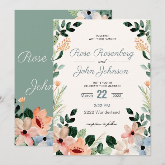 Floral Wedding Invitation Kaart (Voorkant / Achterkant)