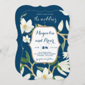 Floral Wedding Invitation Magnolia Navy Kaart (Voorkant / Achterkant)