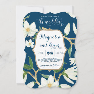 Floral Wedding Invitation Magnolia Navy Kaart