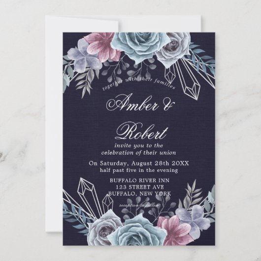 Floral Wedding Invitation Navy Dusty Blue Roos (Voorkant)