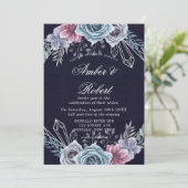 Floral Wedding Invitation Navy Dusty Blue Roos (Staand voorkant)