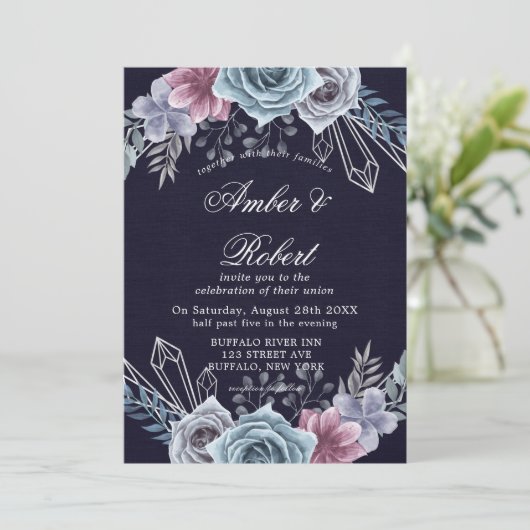Floral Wedding Invitation Navy Dusty Blue Roos (Staand voorkant)
