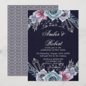 Floral Wedding Invitation Navy Dusty Blue Roos (Voorkant / Achterkant)