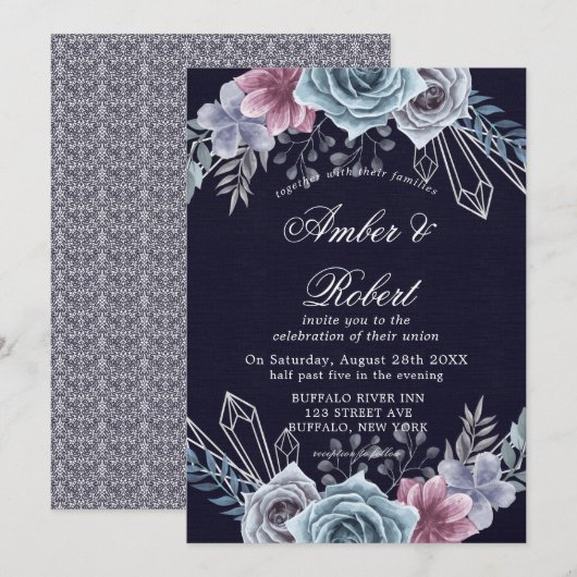 Floral Wedding Invitation Navy Dusty Blue Roos (Voorkant / Achterkant)