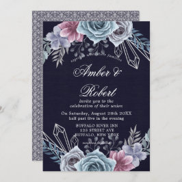 Floral Wedding Invitation Navy Dusty Blue Roos