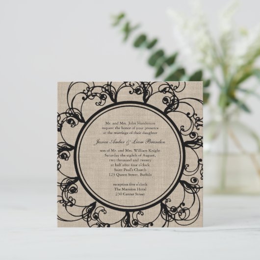 Floral Wedding Invitation on burlap Kaart (Staand voorkant)