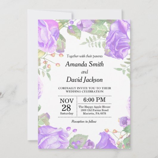Floral Wedding Invitation Paarse Waterverf Floral Kaart (Voorkant)