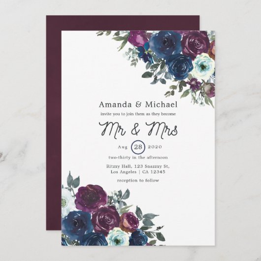 Floral Wedding Invitation Plum and Navy Kaart (Voorkant / Achterkant)