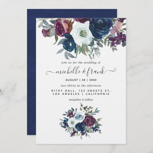 Floral Wedding Invitation Plum and Navy Kaart (Voorkant / Achterkant)
