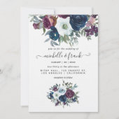 Floral Wedding Invitation Plum and Navy Kaart (Voorkant)