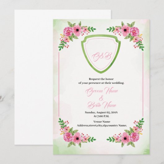 Floral Wedding Invitation Sjabloon Kaart (Voorkant / Achterkant)