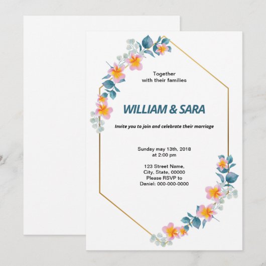 Floral Wedding Invitation Sjabloon Kaart (Voorkant / Achterkant)