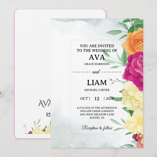Floral Wedding Invitation with Modern Framed Text Kaart (Voorkant / Achterkant)