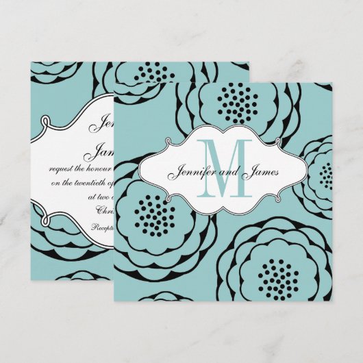 Floral Wedding Invitations Monogram Blue Back Kaart (Voorkant / Achterkant)