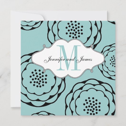 Floral Wedding Invitations Monogram Blue Back Kaart (Voorkant)