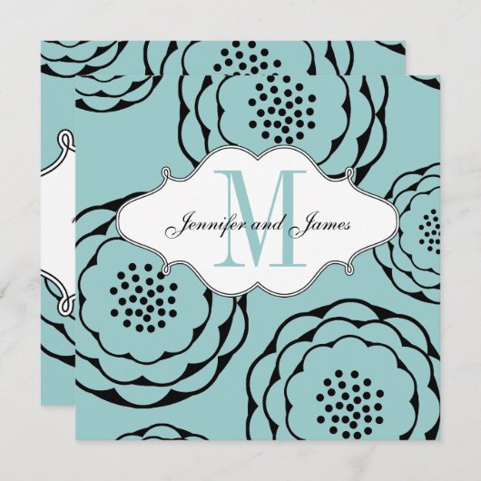 Floral Wedding Invitations Monogram Blue Kaart (Voorkant / Achterkant)