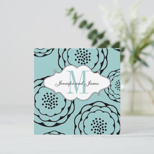 Floral Wedding Invitations Monogram Blue Kaart (Staand voorkant)