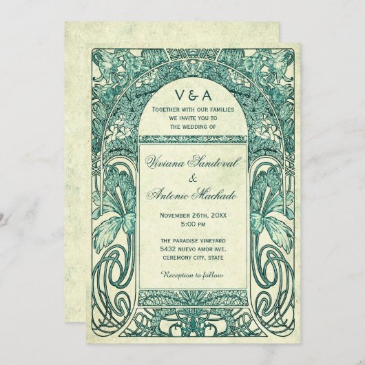 Floral Wedding Invitations Turquoise Kaart (Voorkant / Achterkant)