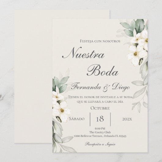 Floral Wedding invite in Spanish Kaart (Voorkant / Achterkant)
