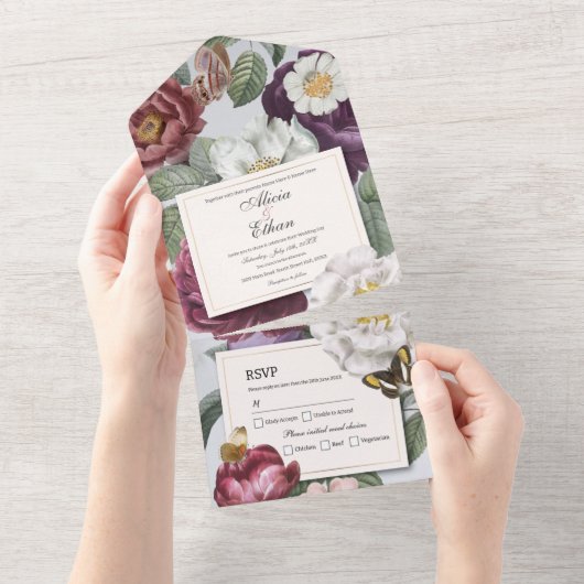 Floral Wedding Invite & RSVP Butterfly  All In One Uitnodiging (Afscheurbaar)