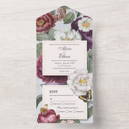 Floral Wedding Invite & RSVP Butterfly  All In One Uitnodiging (Binnen)