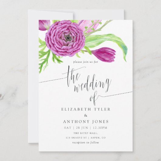 Floral Wedding Invite Violet Waterverf Plum Kaart (Voorkant)
